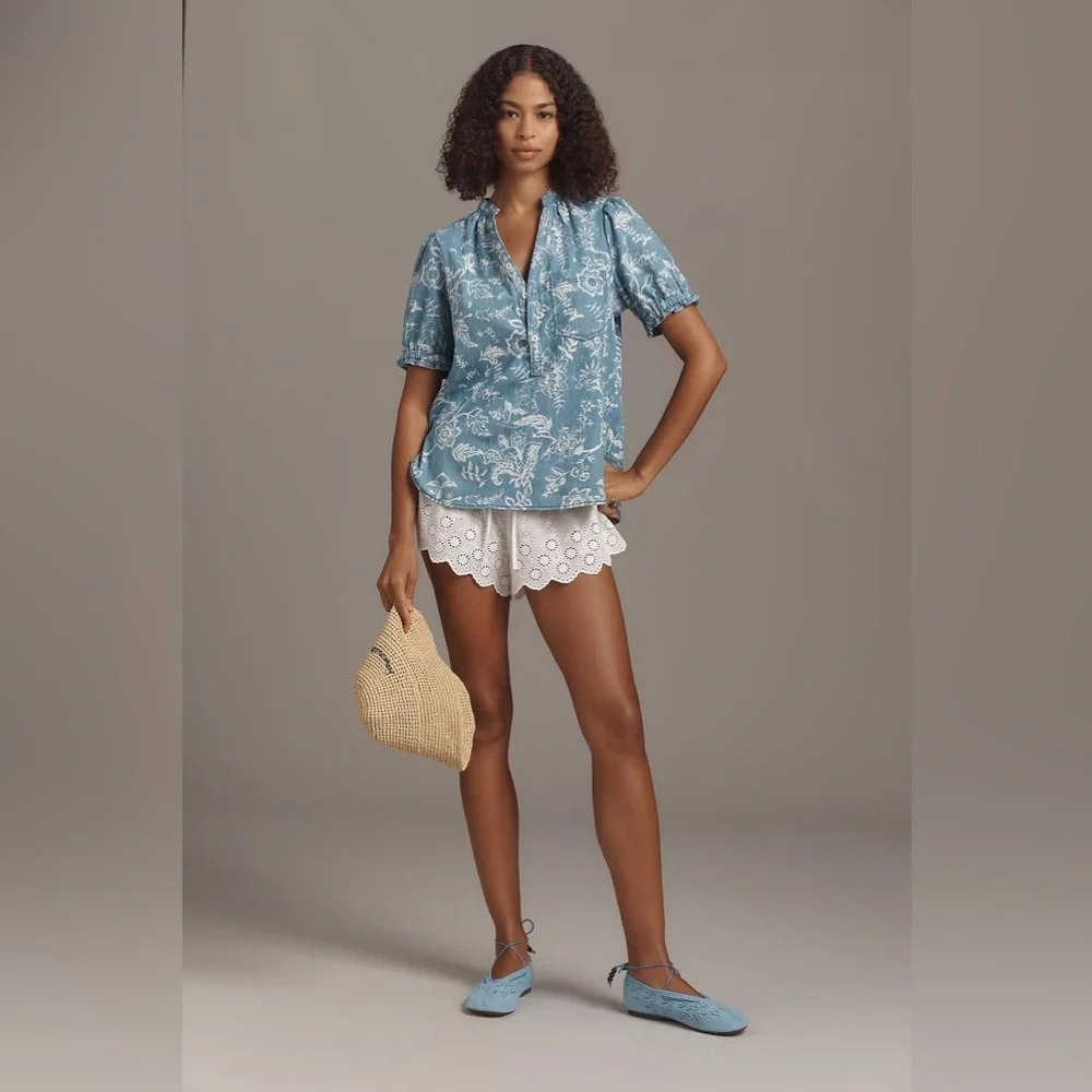 NWT Anthropologie Pilcro The Aly Puff-Sleeve Blouse in Light Denim, Size XS - Picture 2 of 7